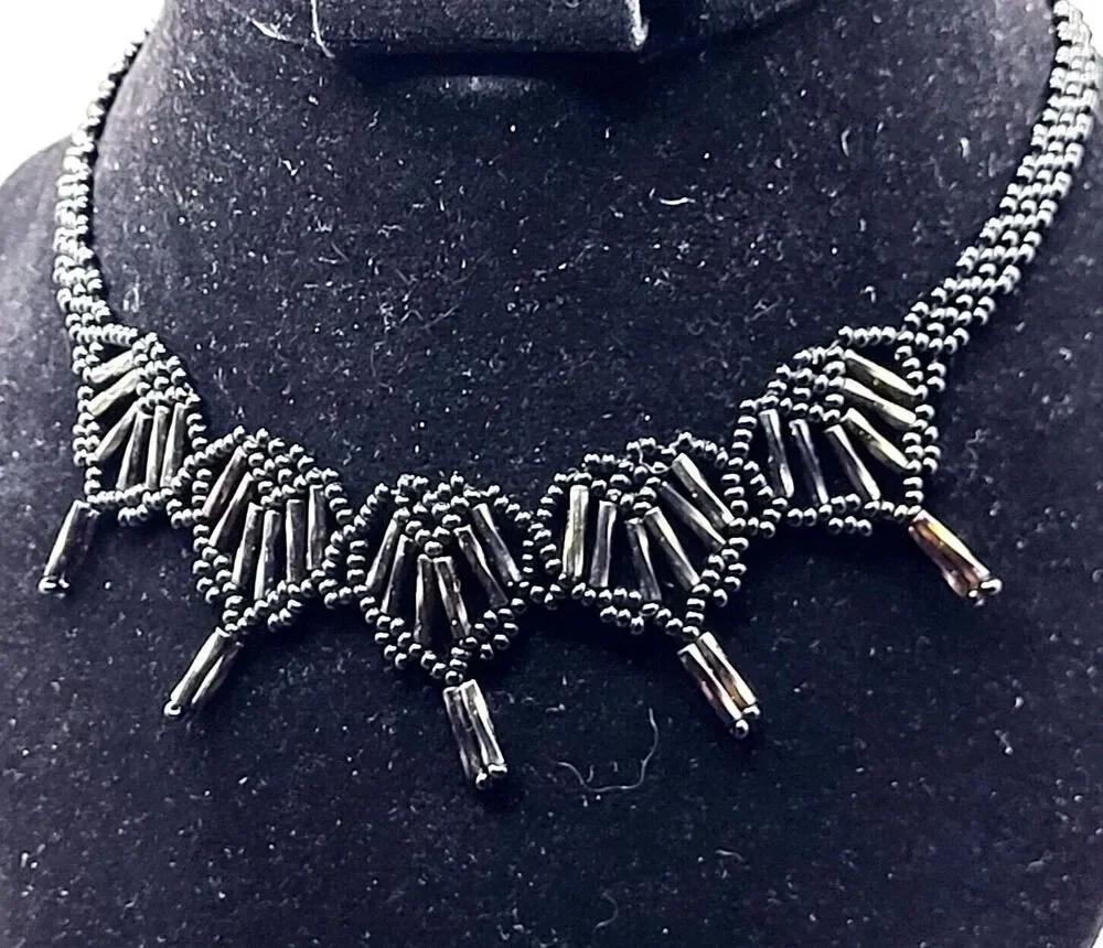 Antique Beaded Woven Victorian Beaded Silver and Black Choker Necklace 15.5 in